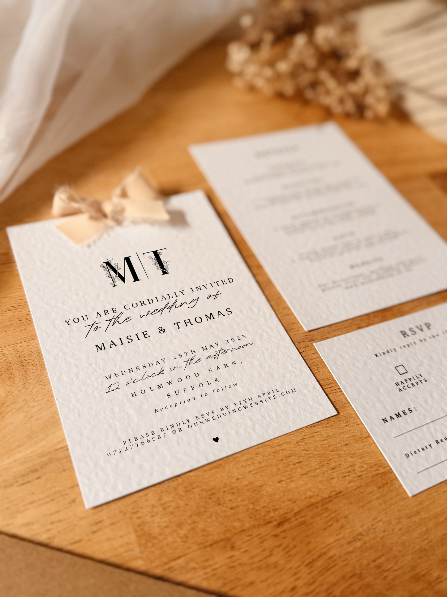 Floral Letter Wedding Invite Pack with Chiffon Ribbon Bow