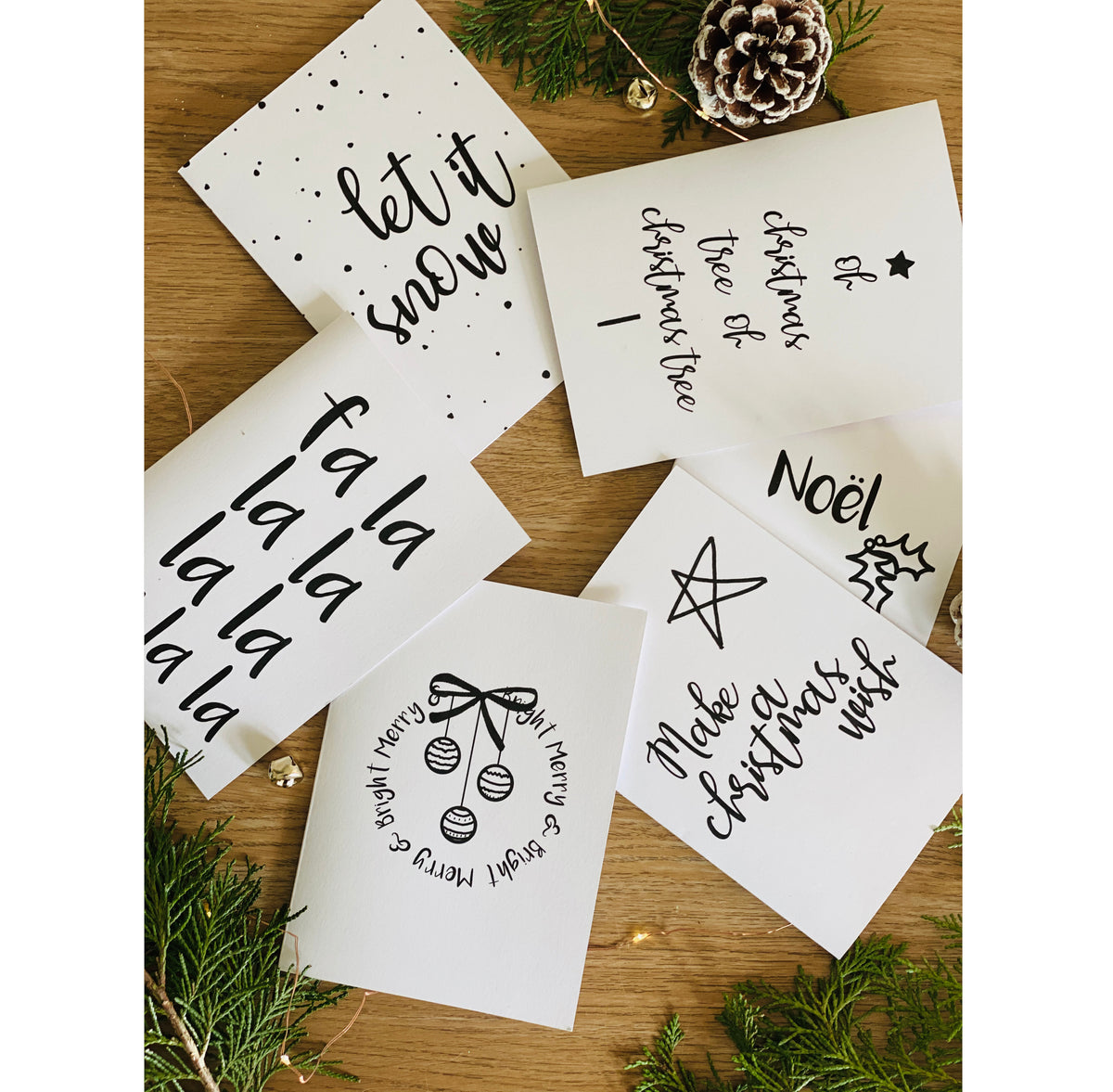 Minimalist Christmas Cards Pack, Festive Black & White Calligraphy