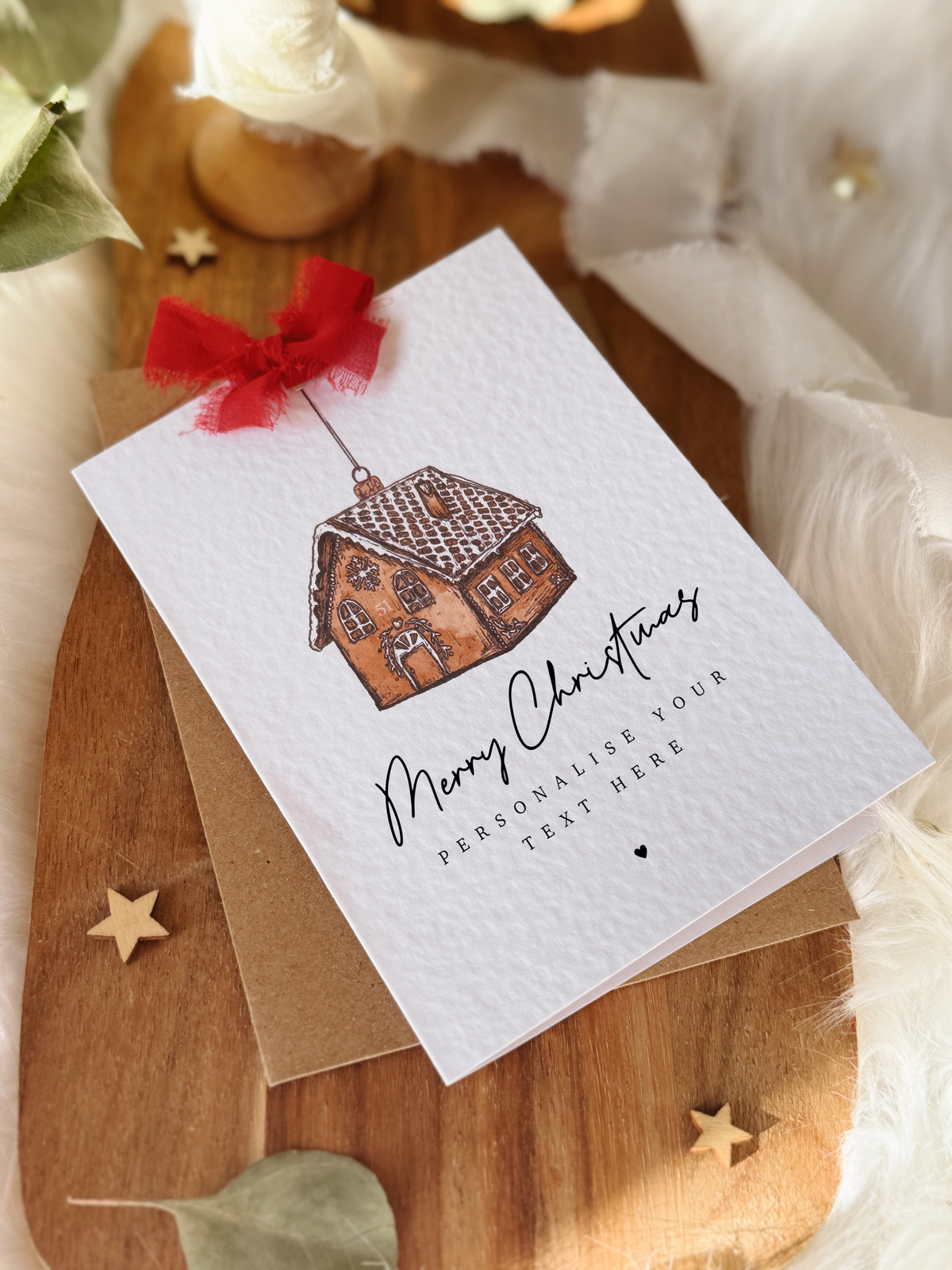 Personalised Gingerbread House Bauble Christmas Card with Bow