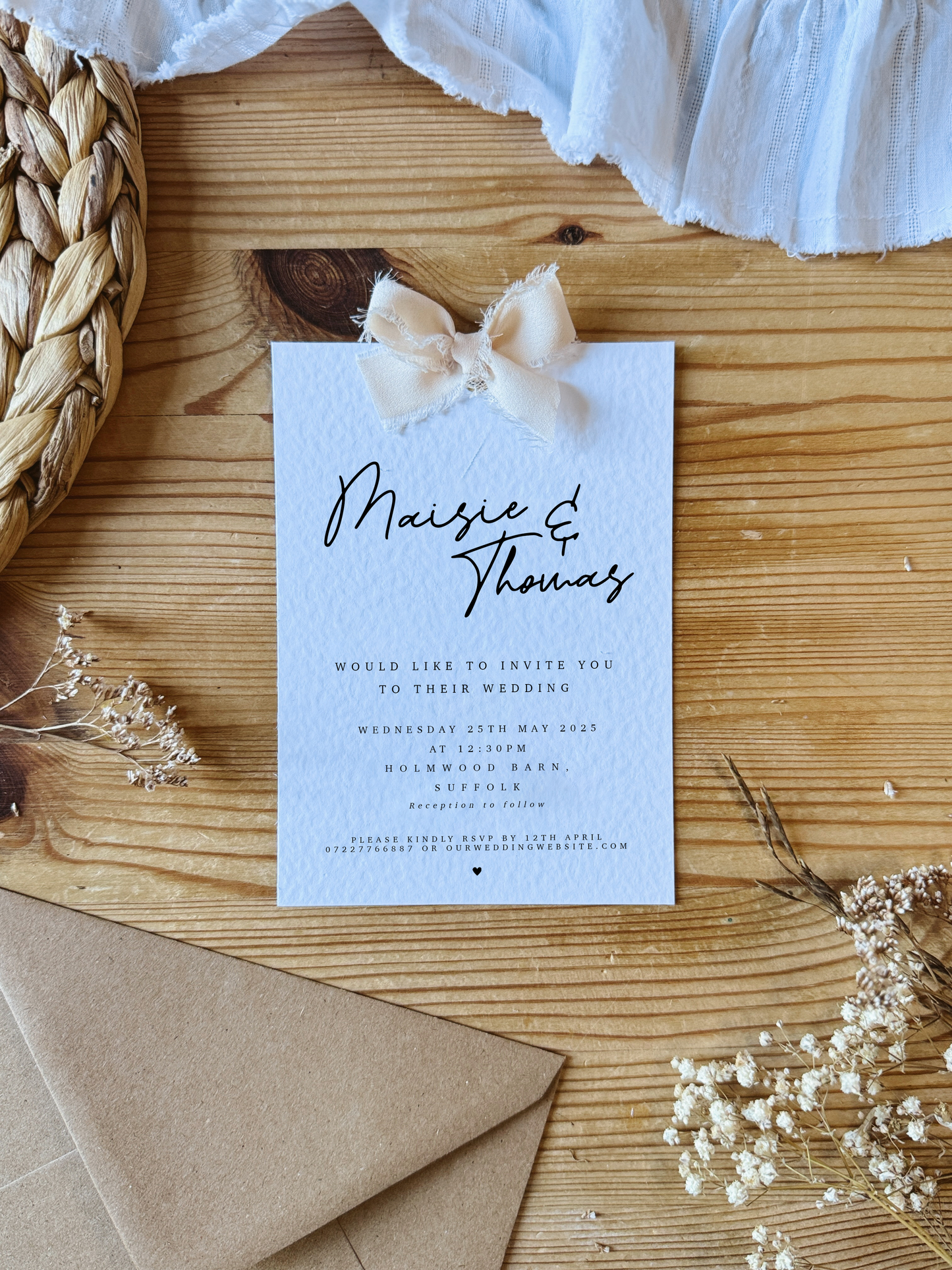 Calligraphy Style Wedding Invites with Chiffon Ribbon Bow