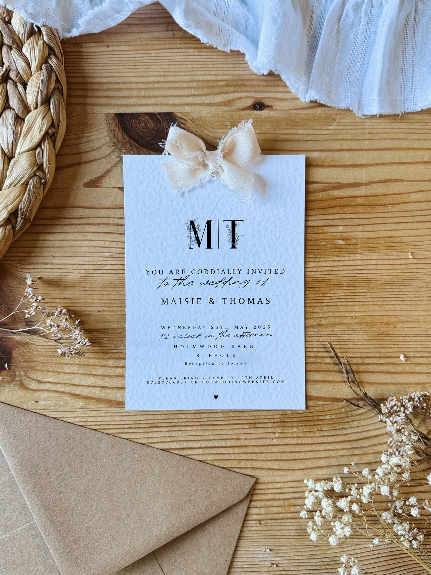 Floral Letter Wedding Invites with Chiffon Ribbon Bow