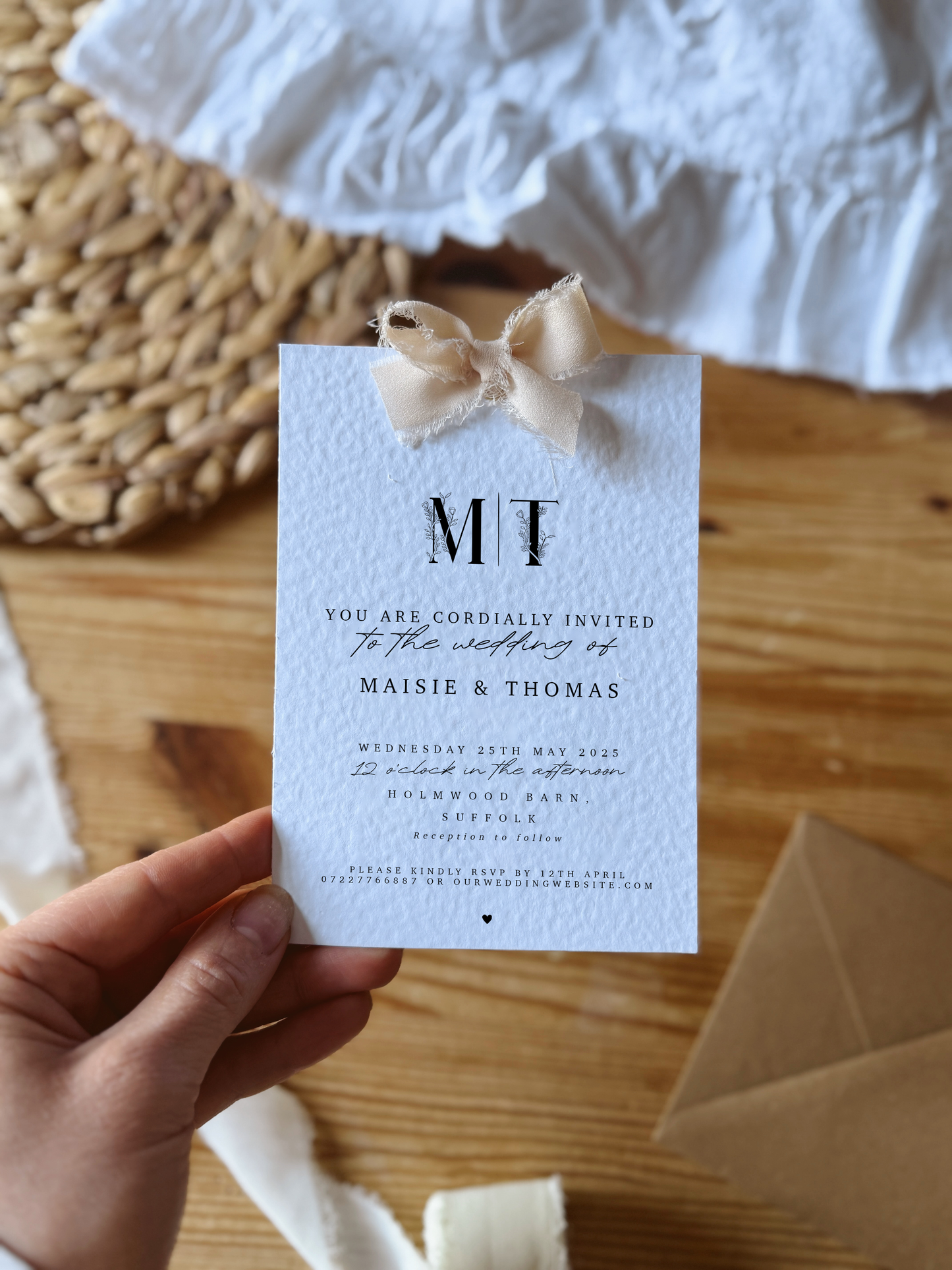 Floral Letter Wedding Invites with Chiffon Ribbon Bow