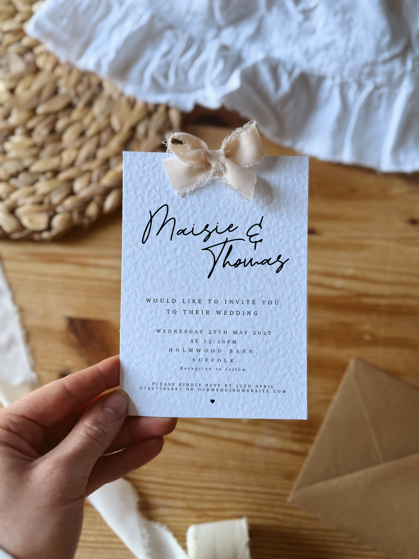 Calligraphy Style Wedding Invites with Chiffon Ribbon Bow