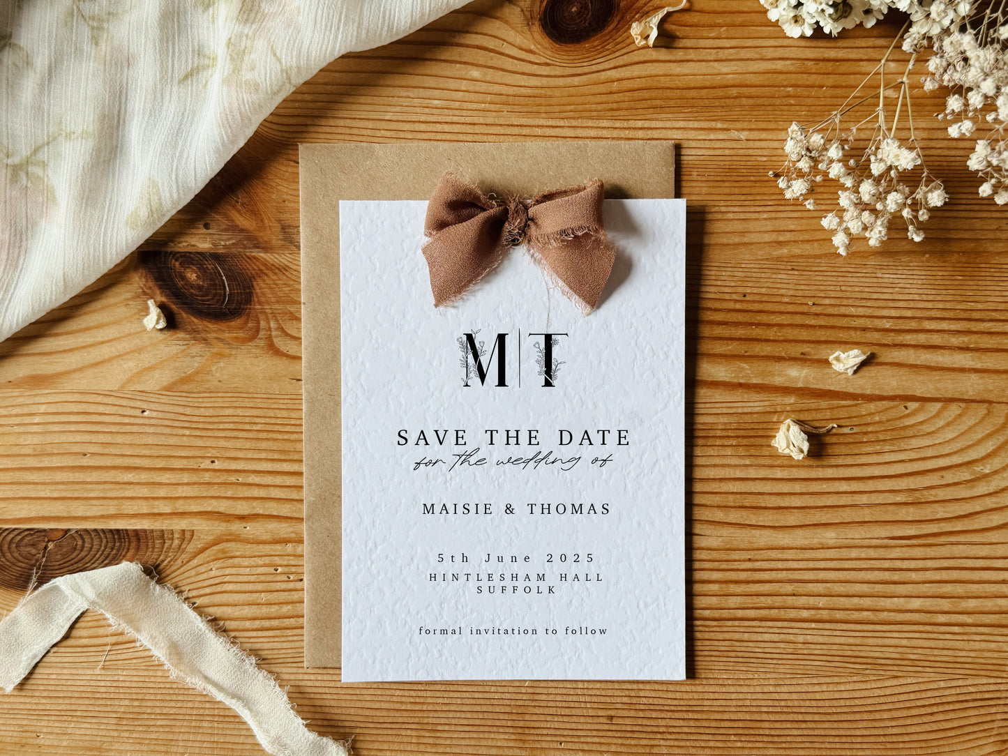 Floral Letters Save The Dates with Chiffon Ribbon Bow