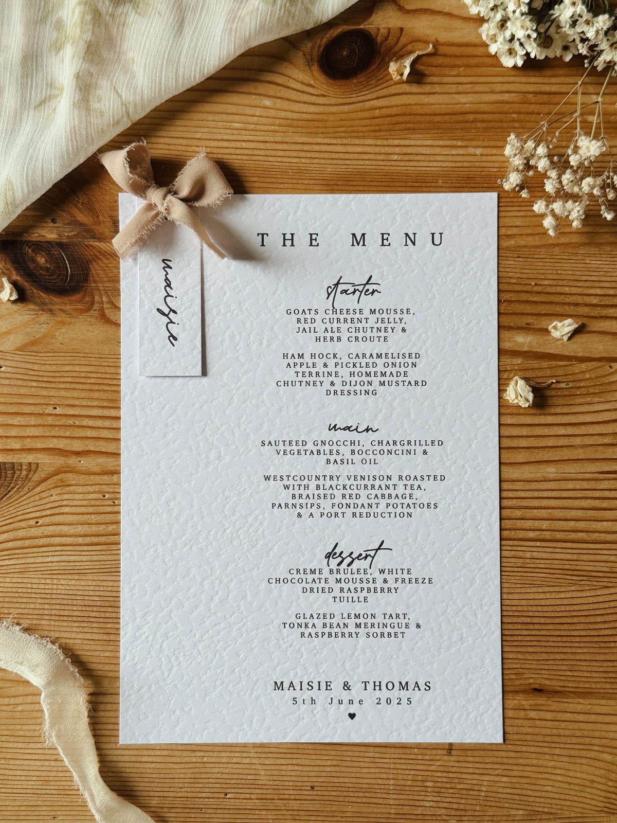 Personalised Wedding Menu With Place Names