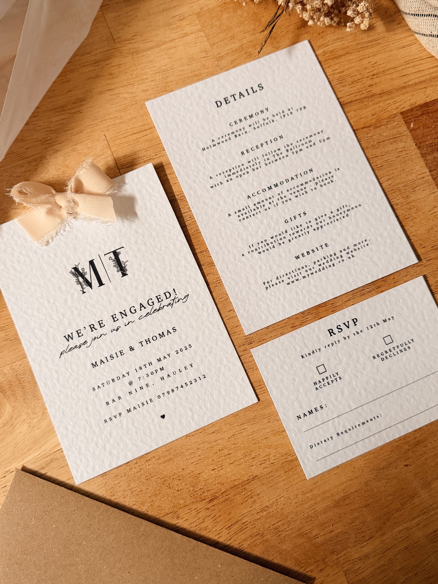 Floral Letter Wedding Invite Pack with Chiffon Ribbon Bow