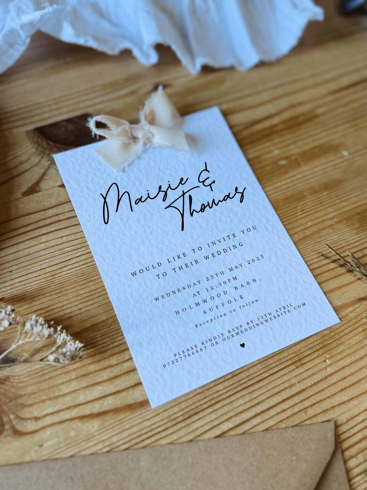 Calligraphy Style Wedding Invites with Chiffon Ribbon Bow