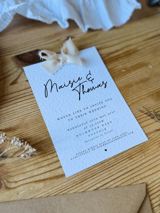 Calligraphy Style Wedding Invites with Chiffon Ribbon Bow