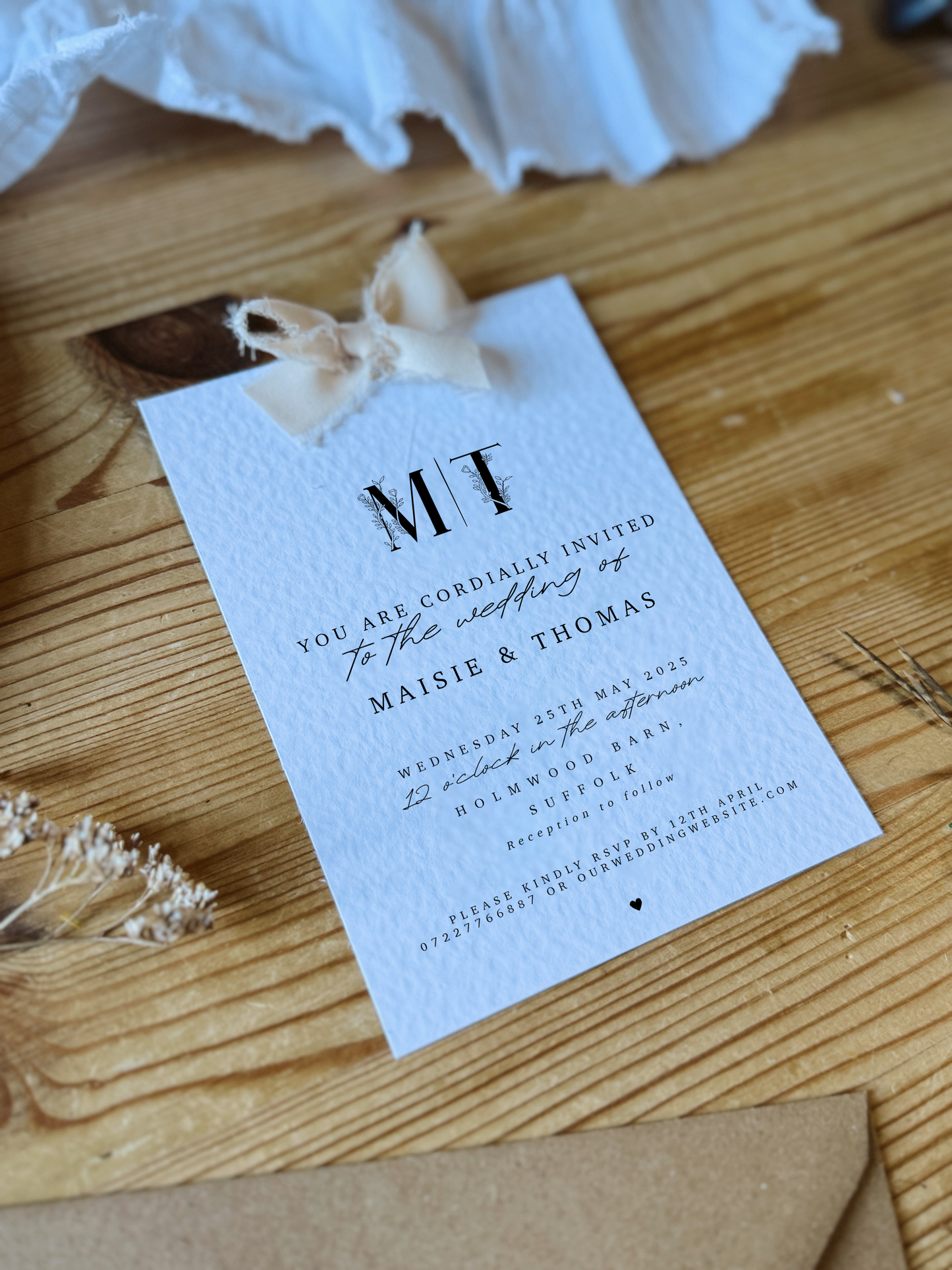 Floral Letter Wedding Invites with Chiffon Ribbon Bow