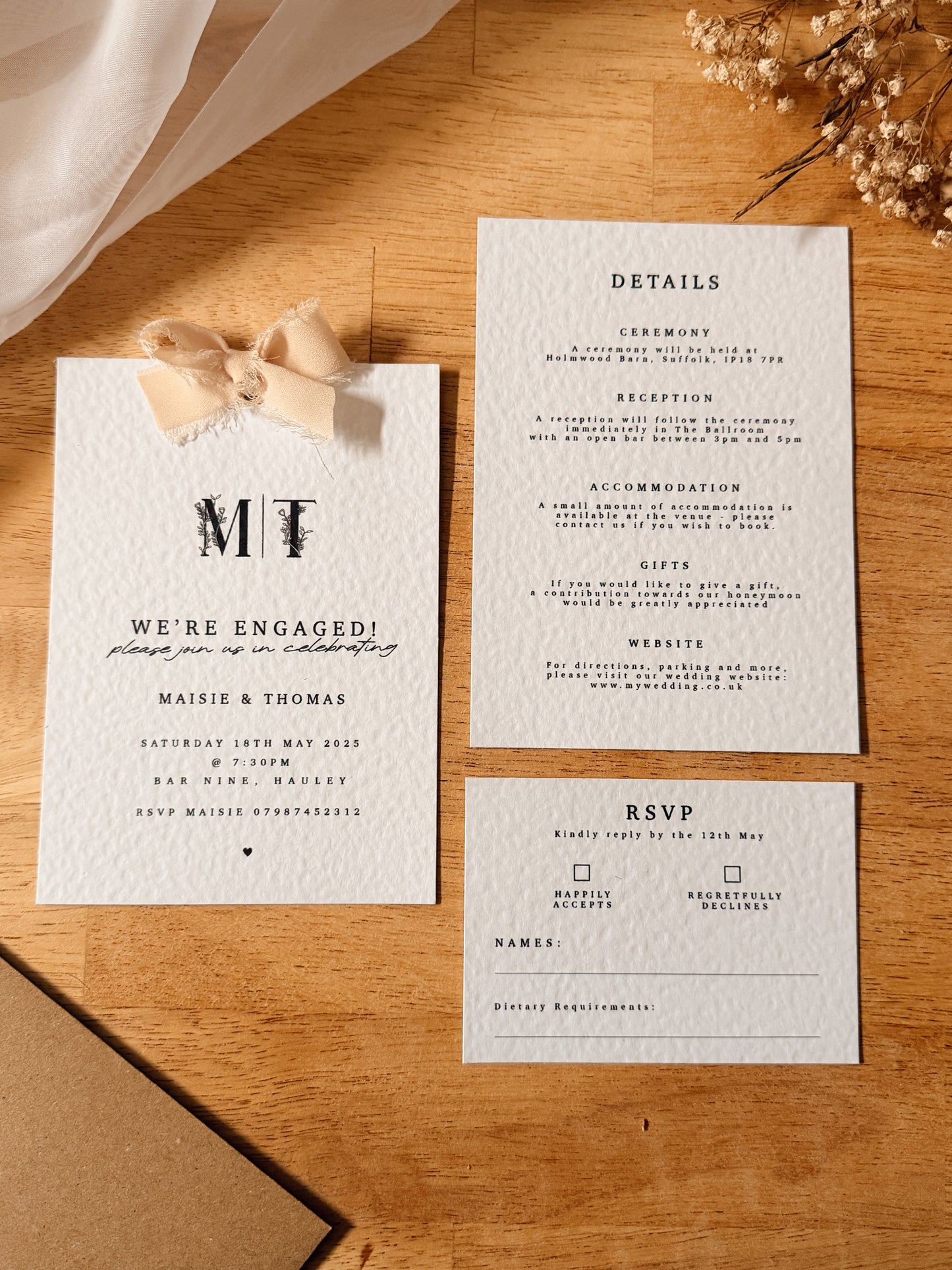 Floral Letter Wedding Invite Pack with Chiffon Ribbon Bow