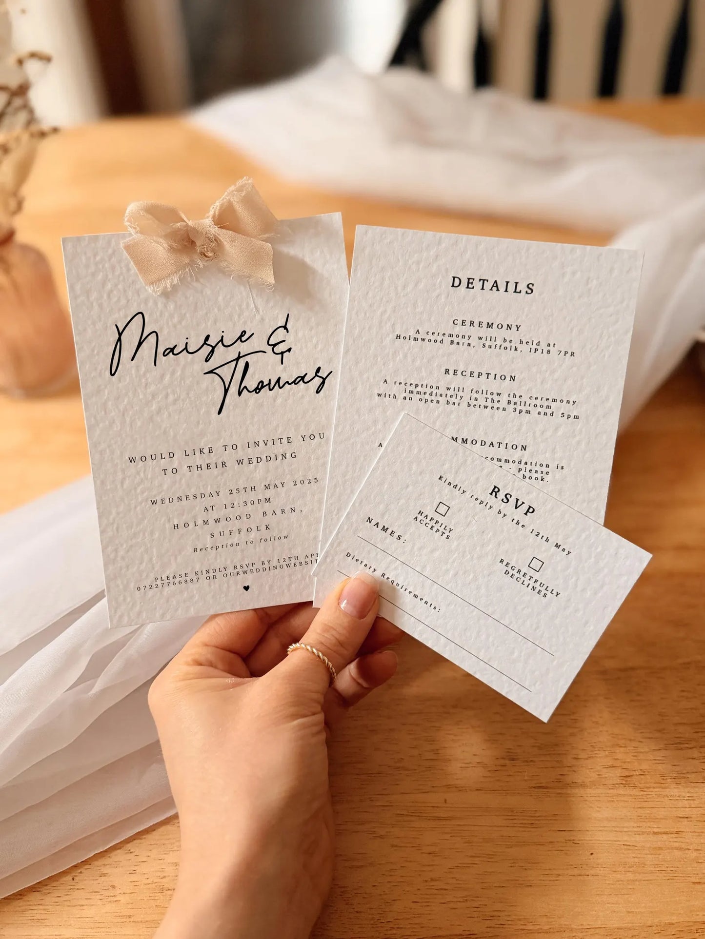Calligraphy Style Wedding Invite Pack with Chiffon Ribbon Bow