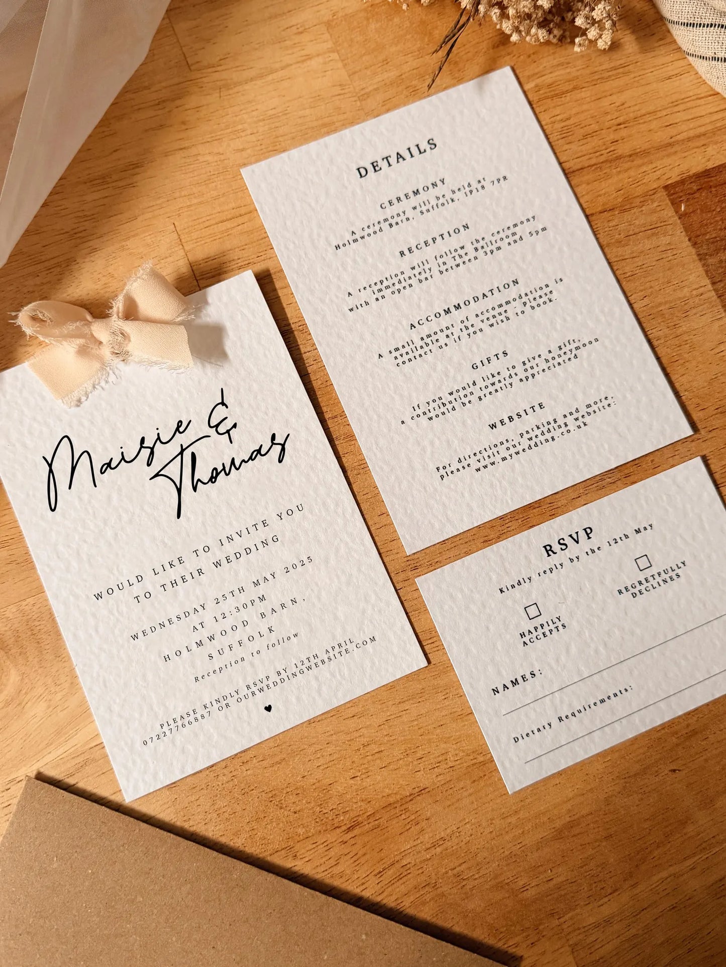 Calligraphy Style Wedding Invite Pack with Chiffon Ribbon Bow